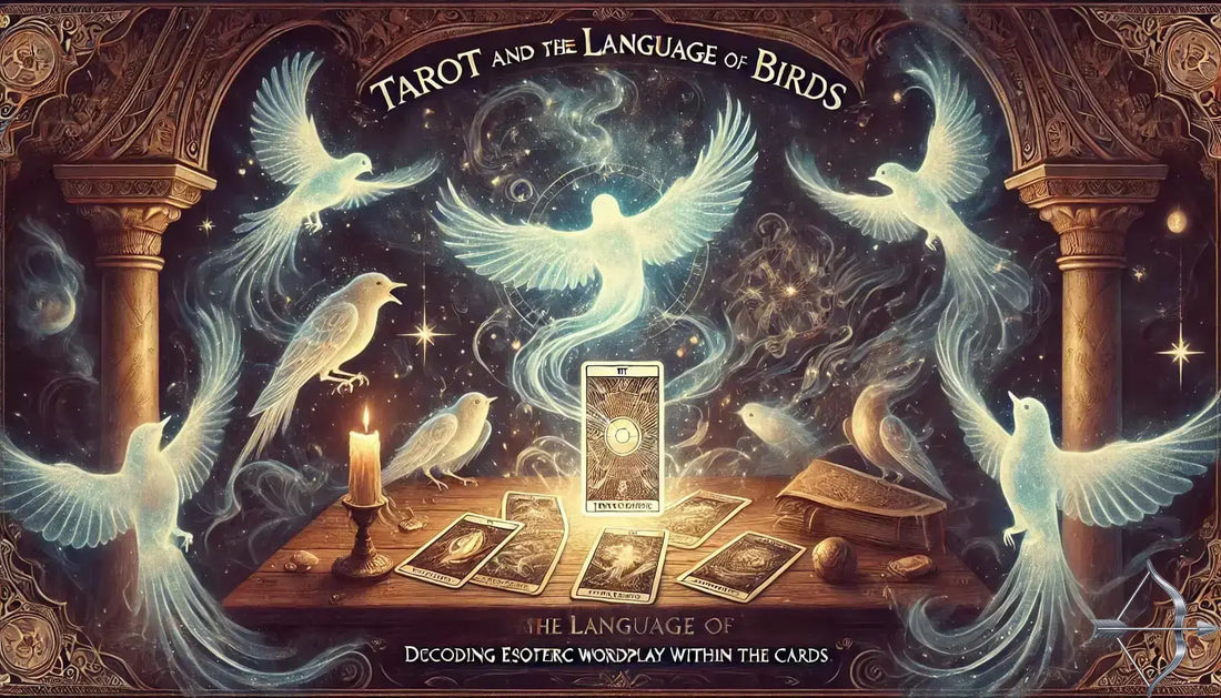 A mystical depiction of Tarot cards with esoteric symbols and wordplay.