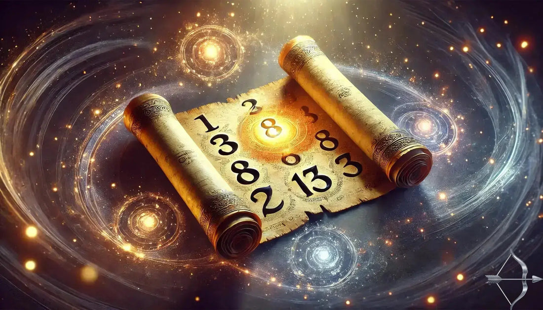 A glowing ancient scroll with numerical symbols floating in light, symbolizing karmic debt and the journey through past lives.