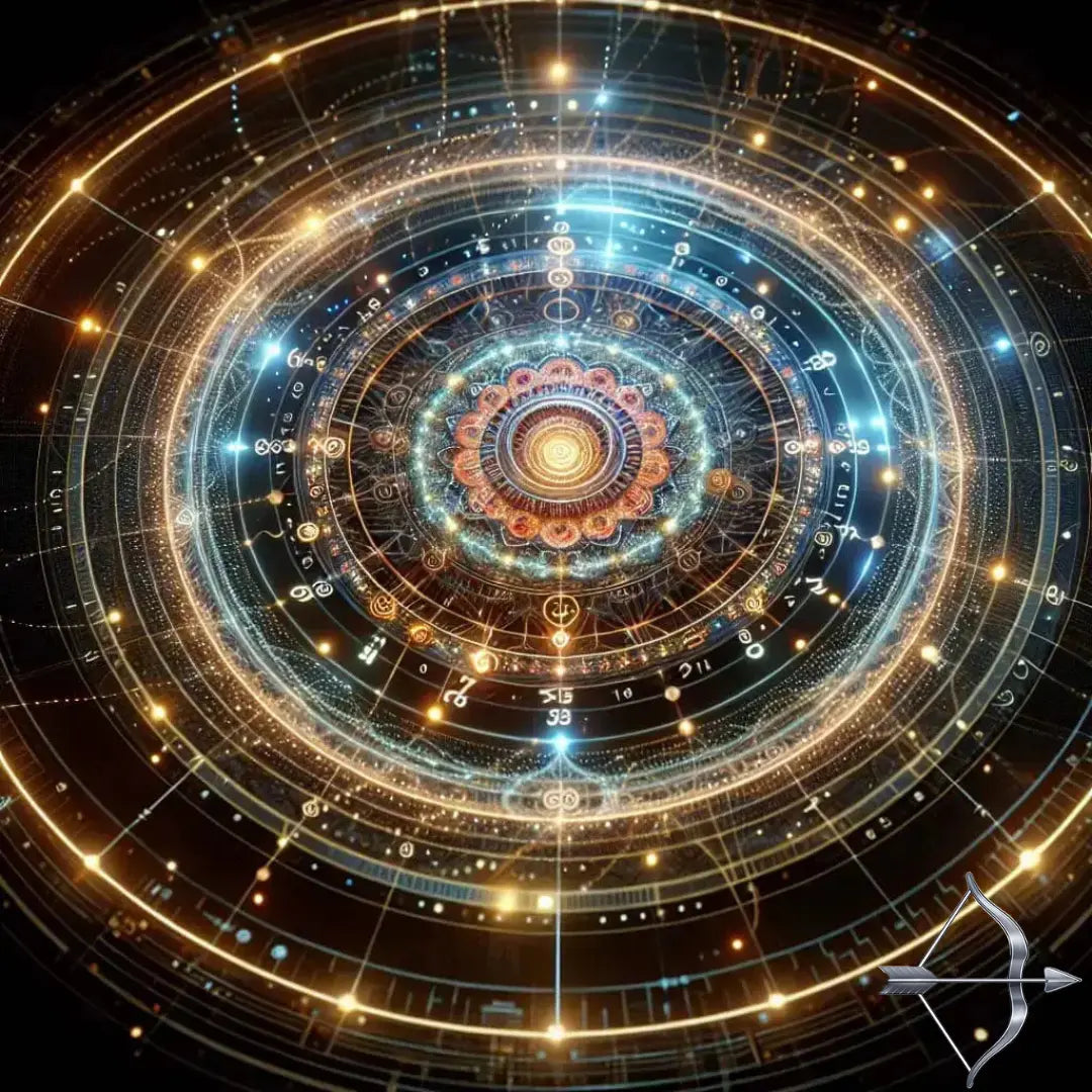 A cosmic circle with core numbers 1 to 9 glowing, symbolizing the archetypes of existence in numerology.