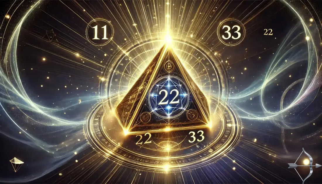 A glowing triangle with the numbers 11, 22, and 33 inscribed, representing divine energy and spiritual mastery.