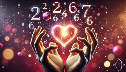 A pair of hands holding a glowing heart surrounded by numerical symbols, symbolizing love and compatibility through numerology.