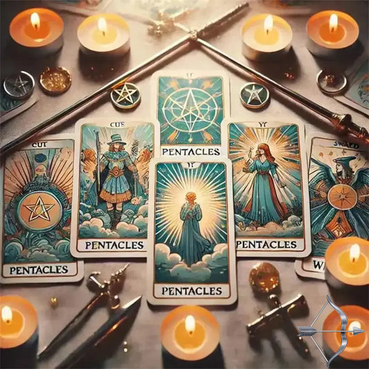 A Tarot spread featuring the Two of Pentacles and other Minor Arcana cards, representing practical guidance