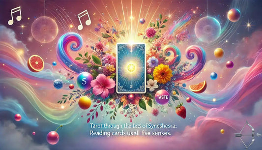 A multi-sensory Tarot spread symbolizing the five senses: colors, candles, and textured objects arranged around Tarot cards.